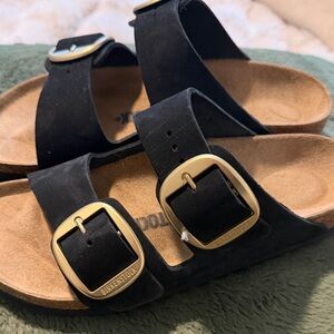 Birkenstock Black Sandals with Brass Buckles